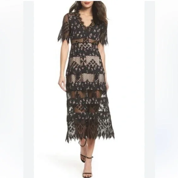 Foxiedox Sweetwater Stripe Black Lace Pink Floral Midi Dresssmall